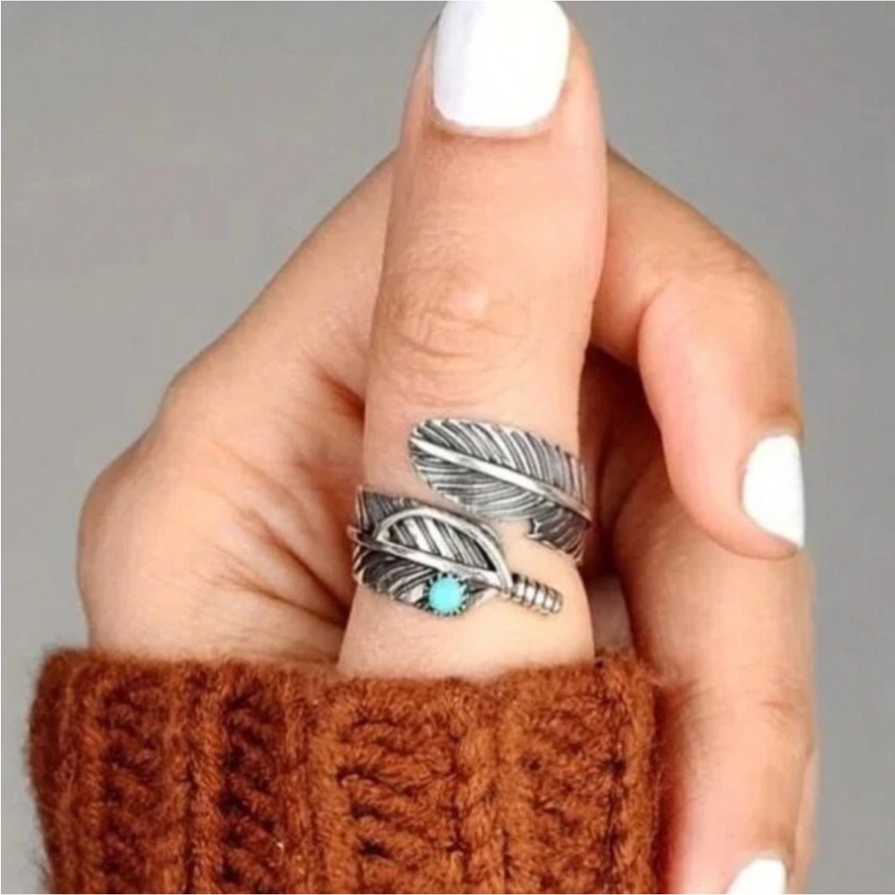 Silver Tone Feather Boho Ring with Turquoise Accent Semi Adjustable